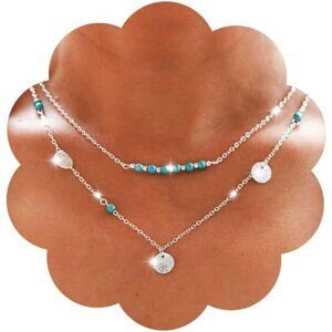 Boho Turquoise Necklace Sequin Pendant Necklaces Layered Bead Necklace Chain Wes